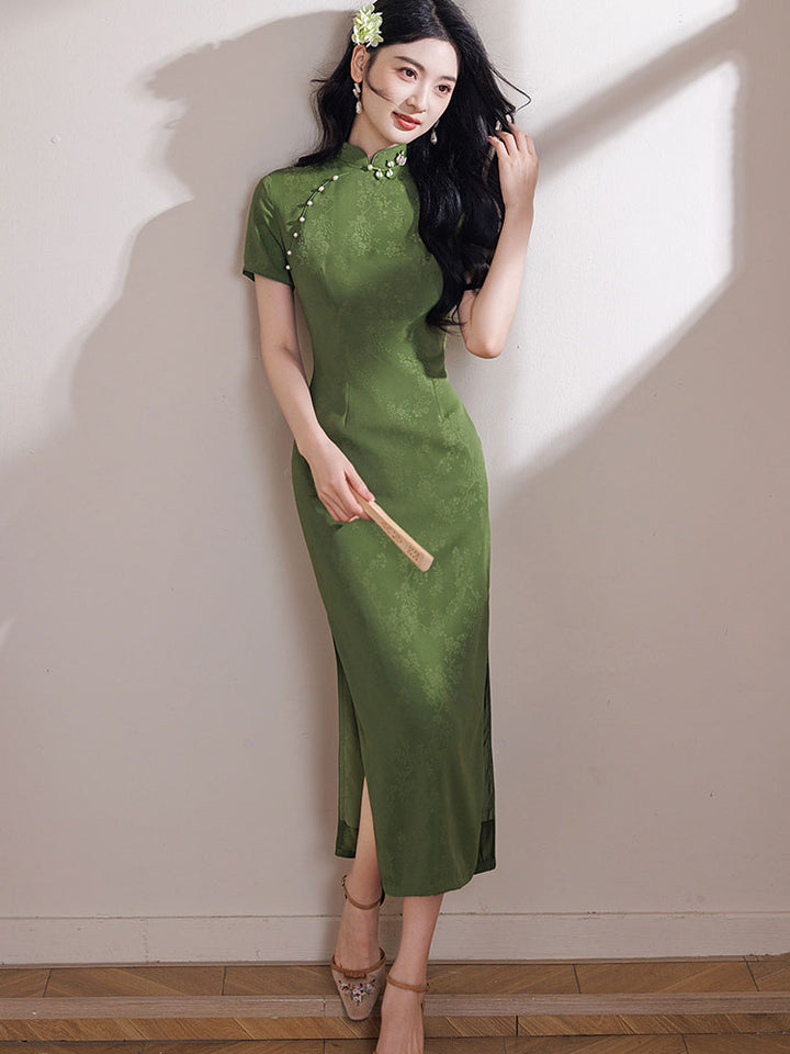 2026 Green Floral Print Cheongsam Qipao Dress