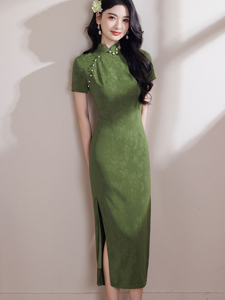 2026 Green Floral Print Cheongsam Qipao Dress