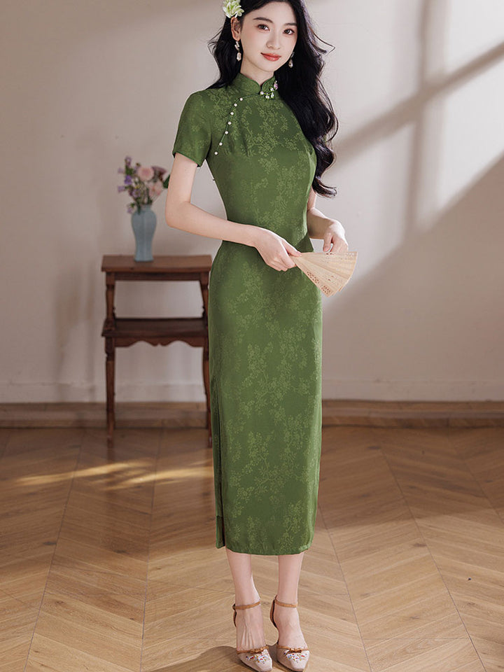 2026 Green Floral Print Cheongsam Qipao Dress