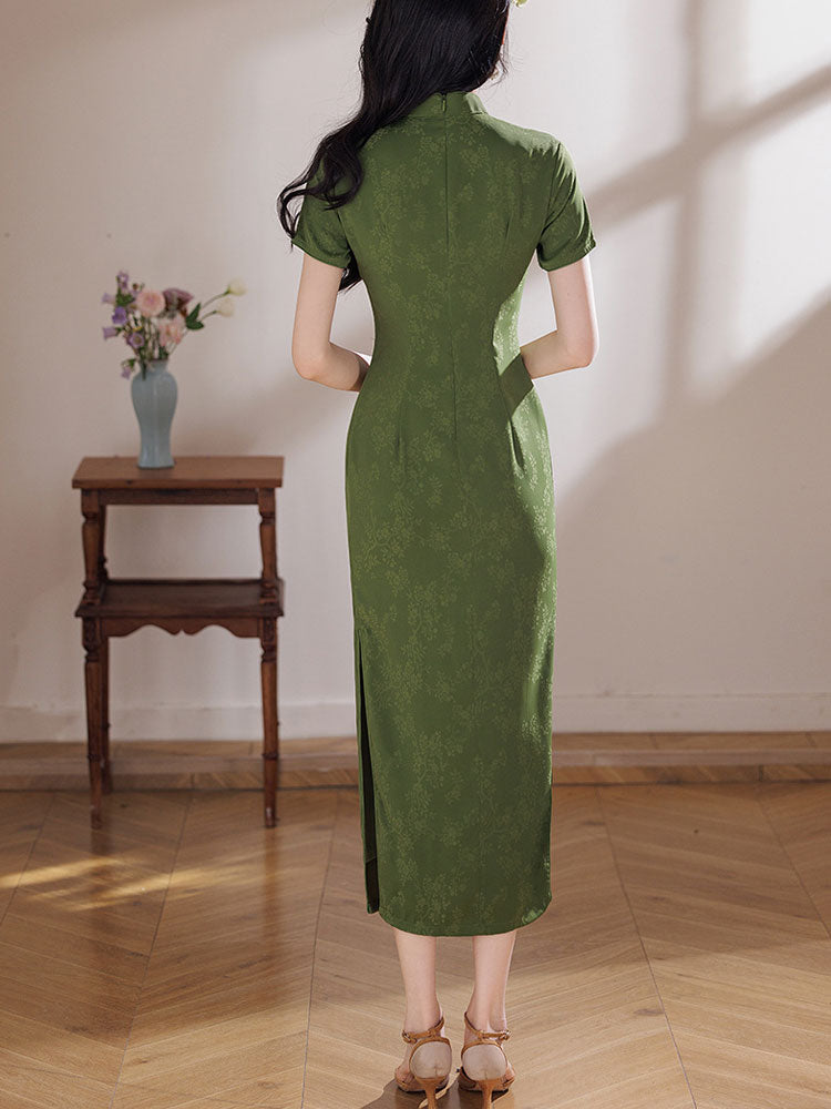 2026 Green Floral Print Cheongsam Qipao Dress
