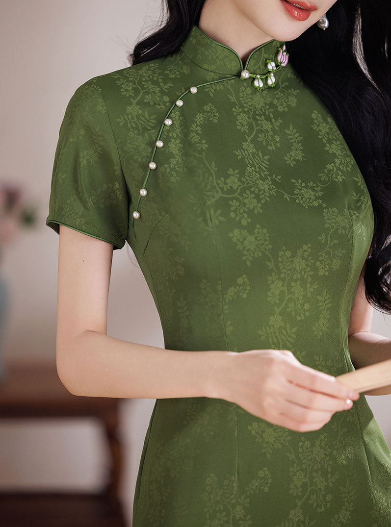 2026 Green Floral Print Cheongsam Qipao Dress