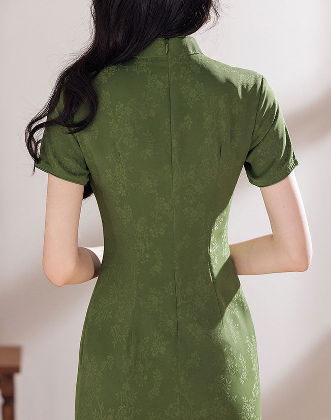 2026 Green Floral Print Cheongsam Qipao Dress