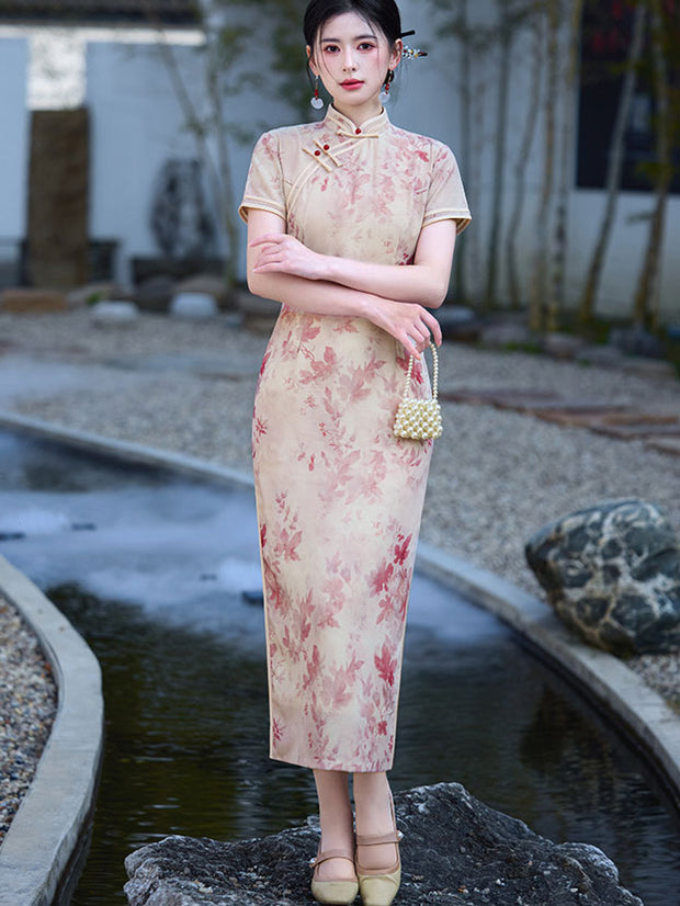 2025 Pink Floral Print Cheongsam Qipao Dress