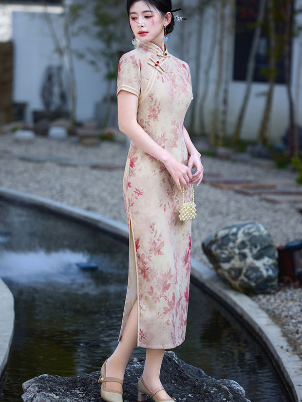 2025 Pink Floral Print Cheongsam Qipao Dress