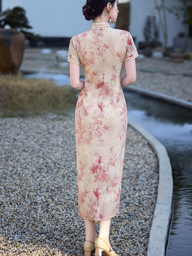 2025 Pink Floral Print Cheongsam Qipao Dress