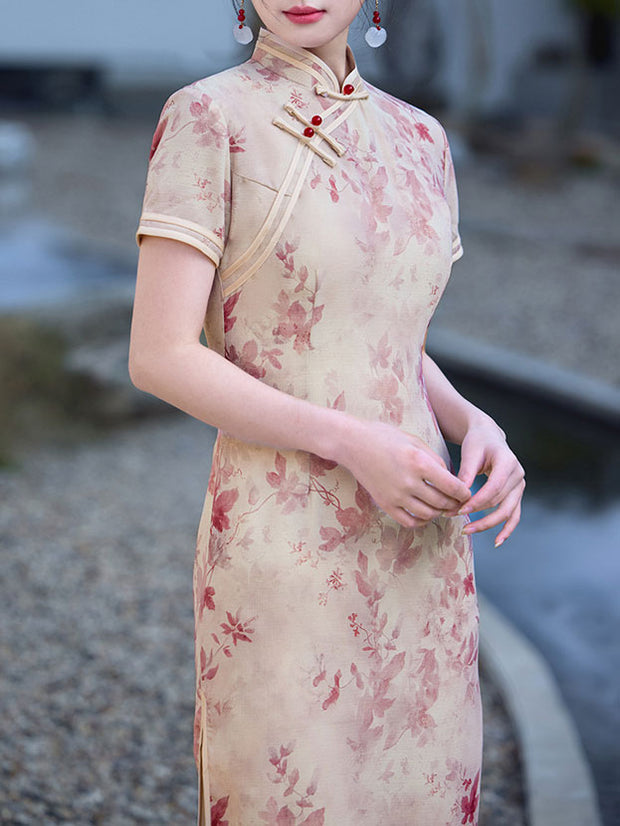 2025 Pink Floral Print Cheongsam Qipao Dress