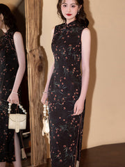 Black Floral Print Sleeveless Cheongsam Qipao Dress