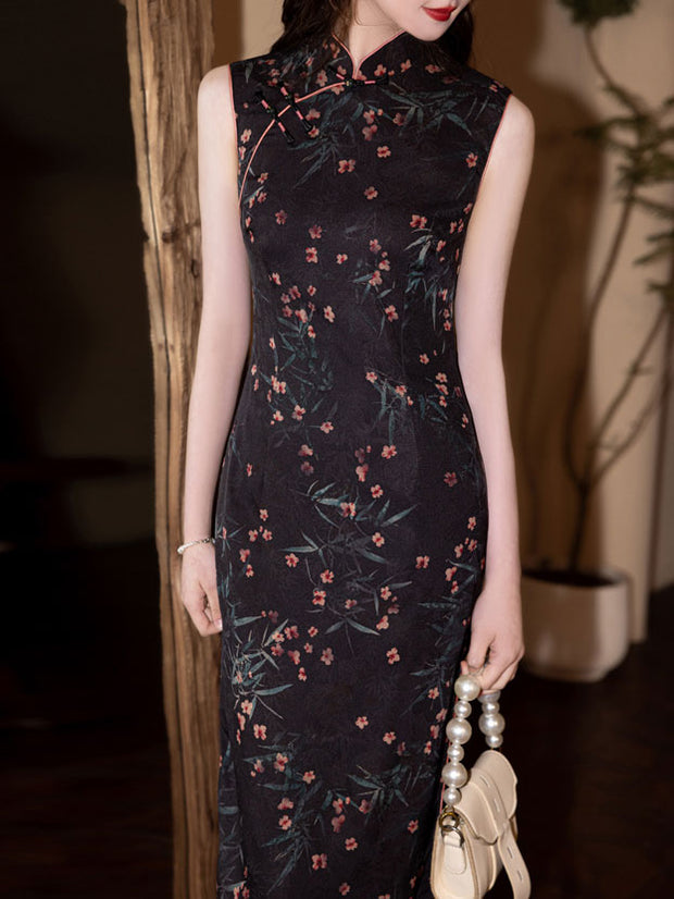 Black Floral Print Sleeveless Cheongsam Qipao Dress