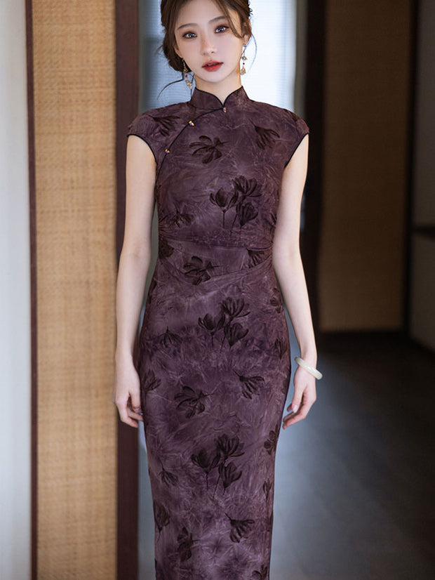 Purple Floral Print Cheongsam Qipao Dress