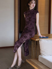 Purple Floral Print Cheongsam Qipao Dress