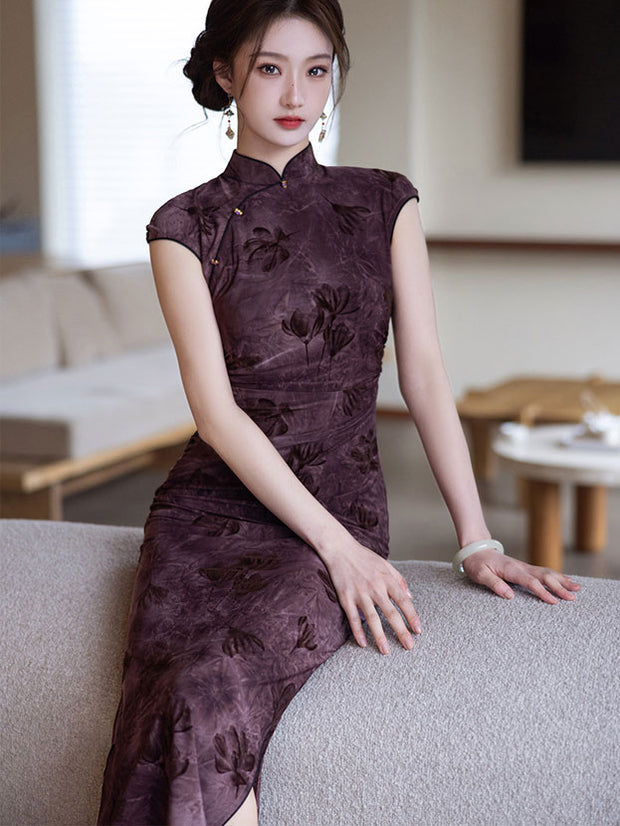 Purple Floral Print Cheongsam Qipao Dress