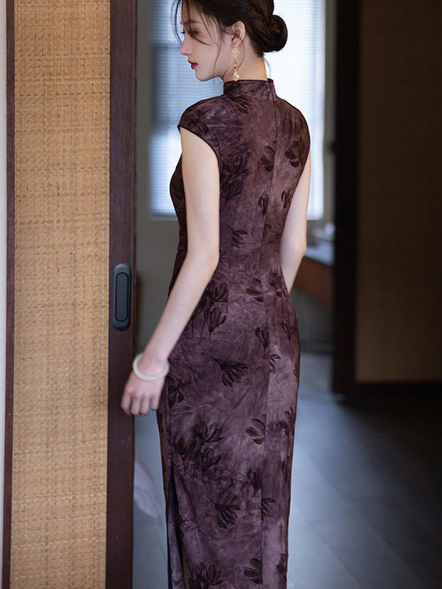 Purple Floral Print Cheongsam Qipao Dress