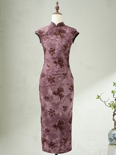 Purple Floral Print Cheongsam Qipao Dress