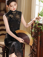 2025 Summer Black Floral Print Cheongsam Qipao Dress