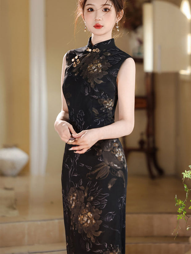 2025 Summer Black Floral Print Cheongsam Qipao Dress