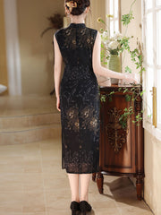 2025 Summer Black Floral Print Cheongsam Qipao Dress