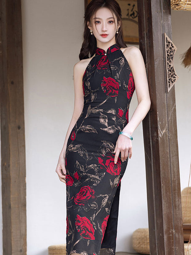 Black Rose Print Halter Cheongsam Qipao Dress