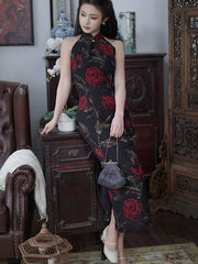 Black Rose Print Halter Cheongsam Qipao Dress