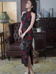 Black Rose Print Halter Cheongsam Qipao Dress