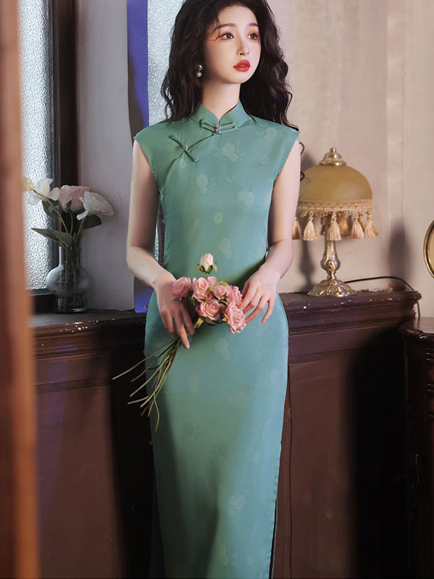 2025 Summer Green Floral Cheongsam Qipao Dress