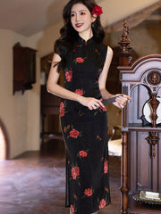 2025 Summer Blue Black Floral Cheongsam Qipao Dress