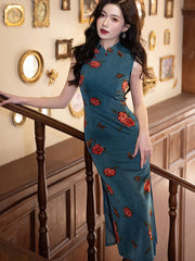 2025 Summer Blue Black Floral Cheongsam Qipao Dress