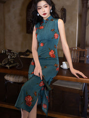 2025 Summer Blue Black Floral Cheongsam Qipao Dress