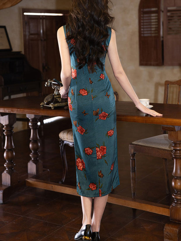 2025 Summer Blue Black Floral Cheongsam Qipao Dress