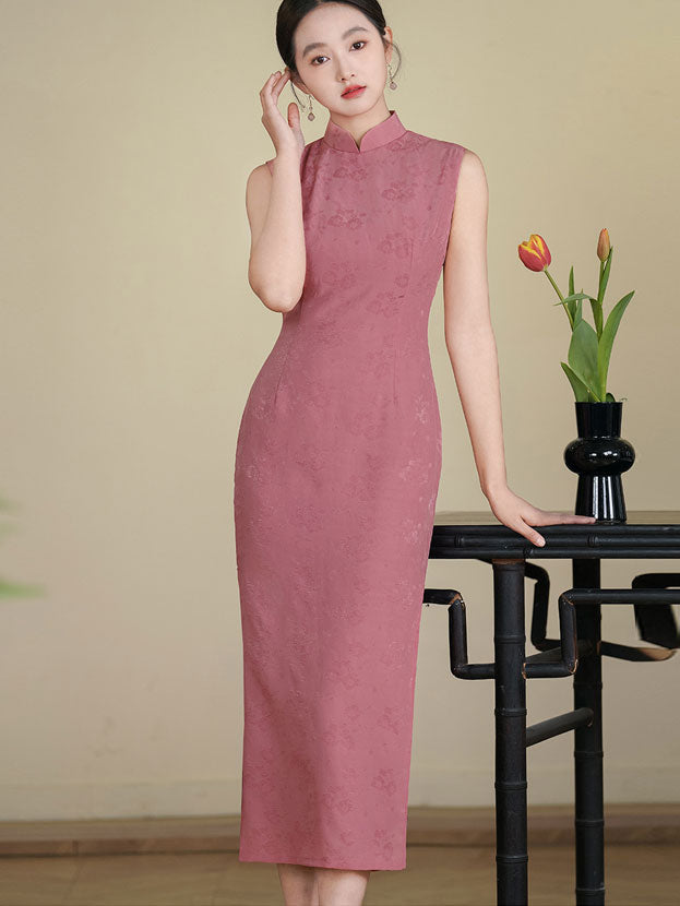 Summer Pink Jacquard Floral Cheongsam Qipao Dress