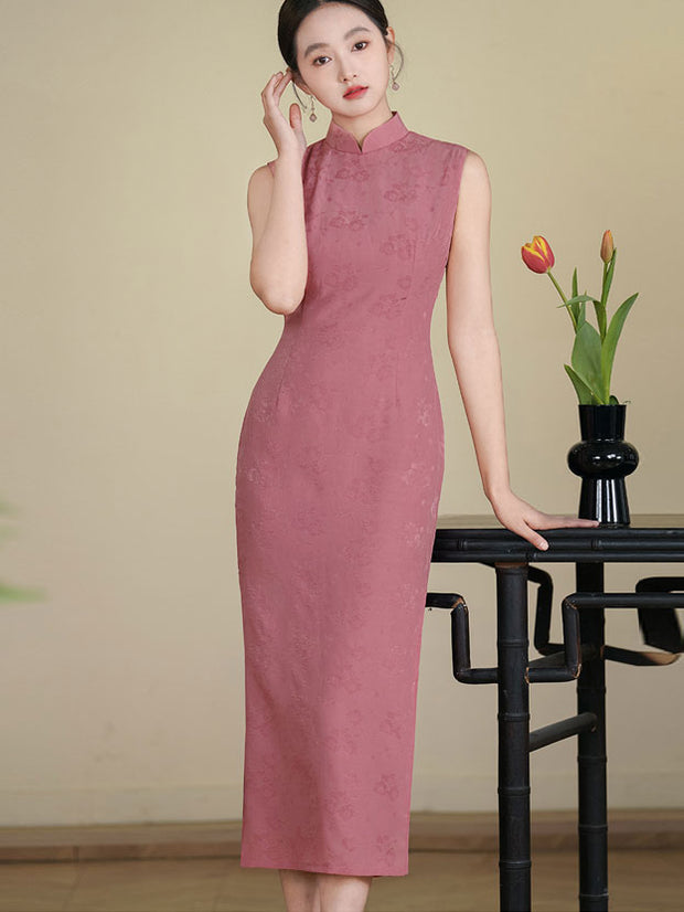 Summer Pink Jacquard Floral Cheongsam Qipao Dress