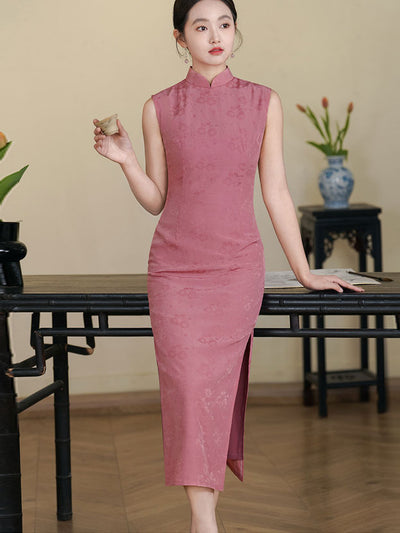 Summer Pink Jacquard Floral Cheongsam Qipao Dress