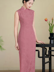 Summer Pink Jacquard Floral Cheongsam Qipao Dress