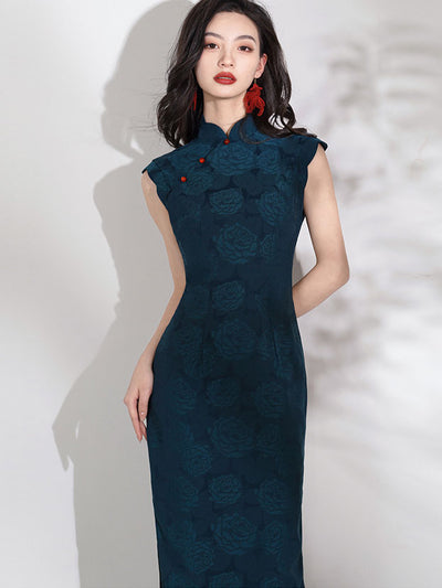 Blue Jacquard Floral Cheongsam Qipao Dress