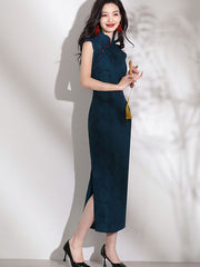 Blue Jacquard Floral Cheongsam Qipao Dress