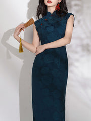 Blue Jacquard Floral Cheongsam Qipao Dress