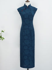 Blue Jacquard Floral Cheongsam Qipao Dress