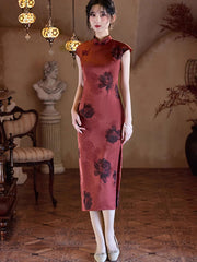 Red Floral Print Midi Cheongsam Qipao Dress