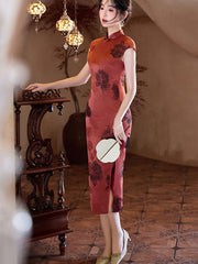 Red Floral Print Midi Cheongsam Qipao Dress