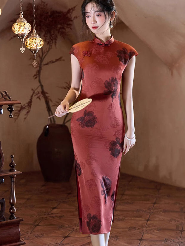 Red Floral Print Midi Cheongsam Qipao Dress