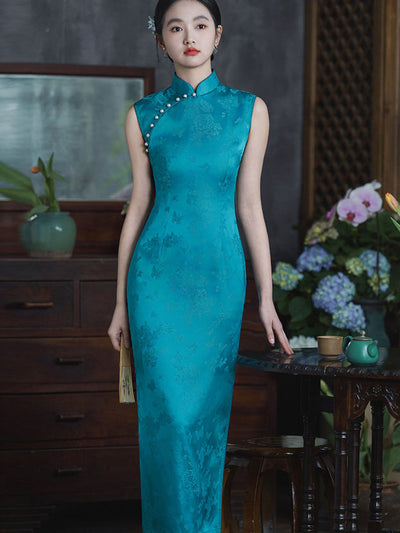 Blue Pink Jacquard Cheongsam Qipao Dress