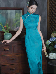 Blue Pink Jacquard Cheongsam Qipao Dress