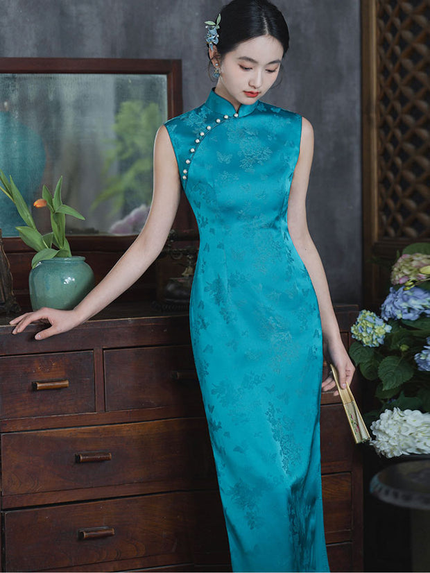 Blue Pink Jacquard Cheongsam Qipao Dress