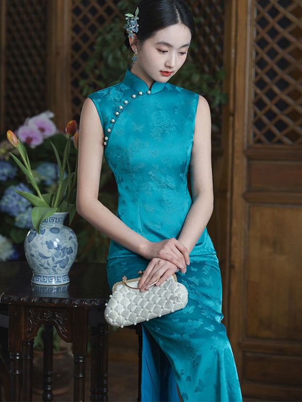 Blue Pink Jacquard Cheongsam Qipao Dress