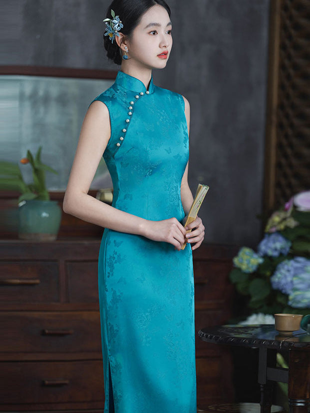 Blue Pink Jacquard Cheongsam Qipao Dress