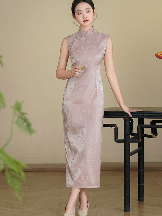 Blue Pink Jacquard Cheongsam Qipao Dress