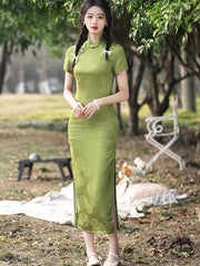 2025 Green Jacquard Maxi Cheongsam Qipao Dress