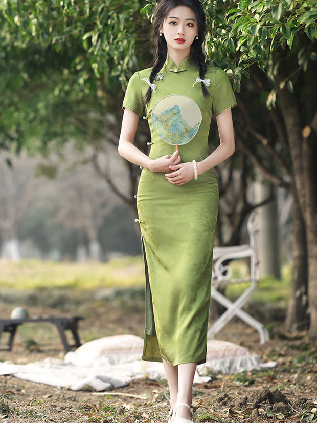 2025 Green Jacquard Maxi Cheongsam Qipao Dress