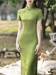 2025 Green Jacquard Maxi Cheongsam Qipao Dress