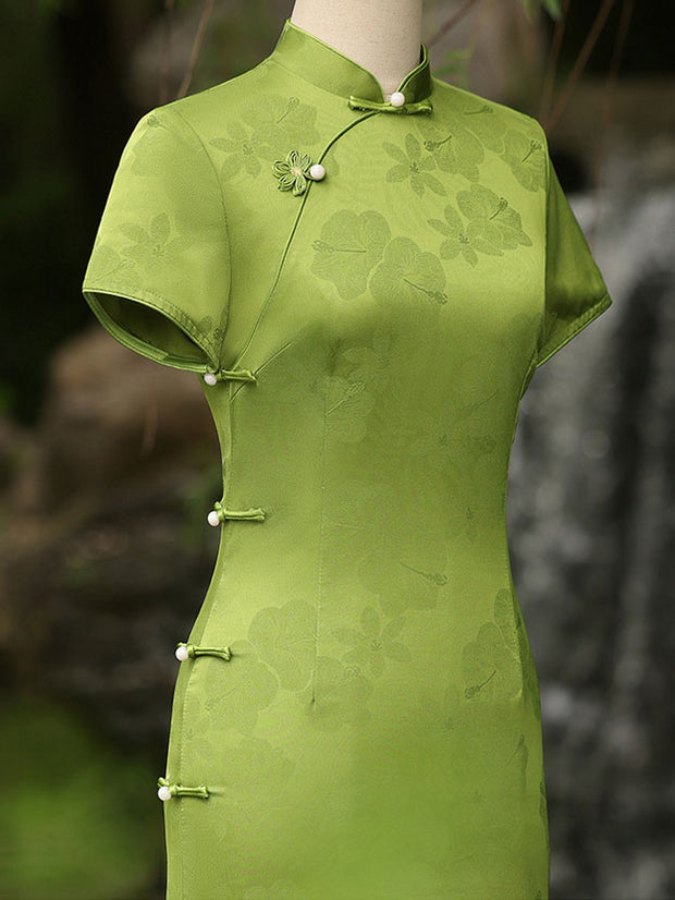 2025 Green Jacquard Maxi Cheongsam Qipao Dress