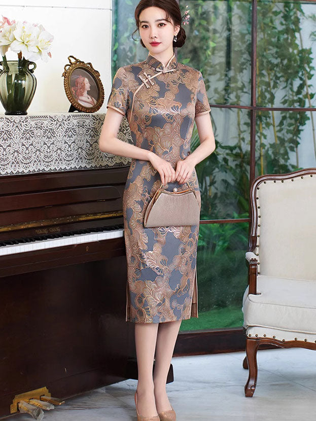 Blue Pink Mothers Floral Midi Cheongsam Qipao Dress